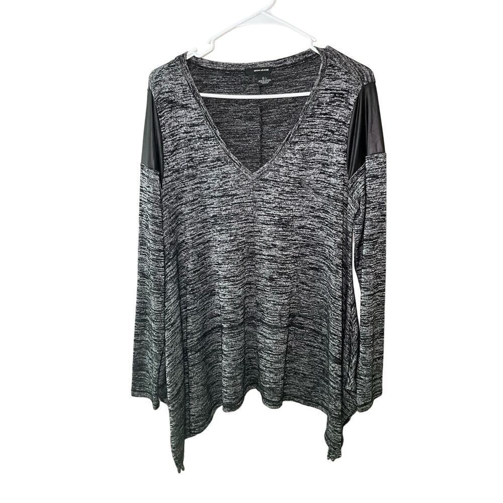 DKNY Womens Tunic Top Long Sleeve Faux Leather‎ Trim Black Gray Size Large NWOT